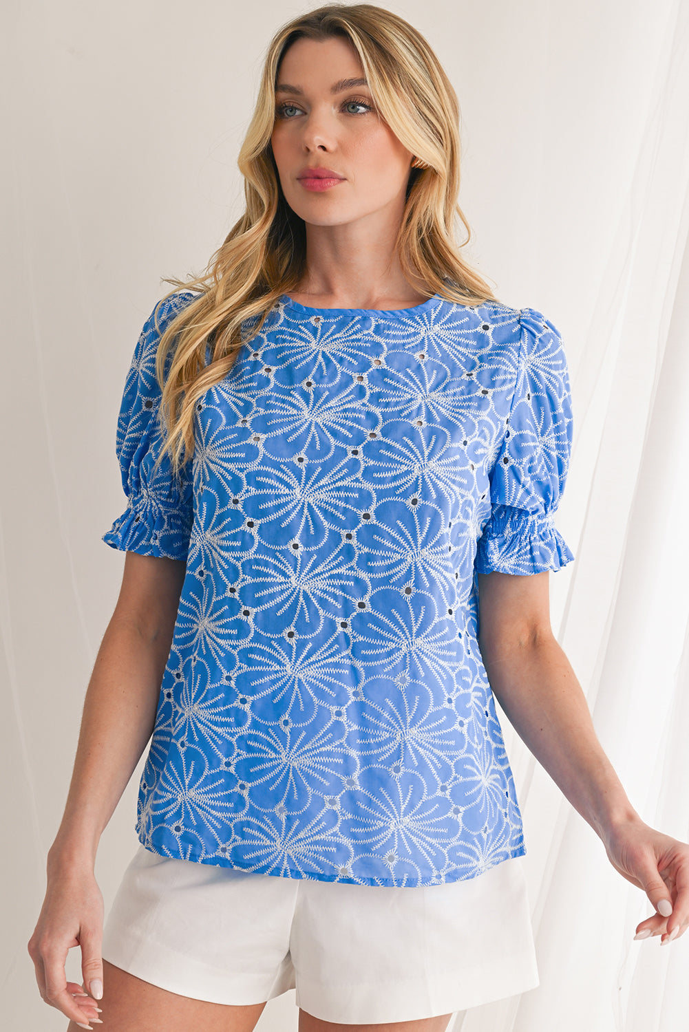 Sky Blue Boho Floral Eyelet Puff Sleeve Blouse - The Fair Lady Shop