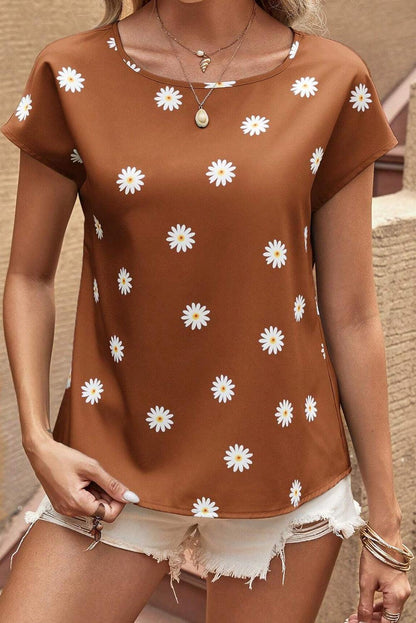 Chestnut Summer Daisy Print Batwing Sleeve Blouse - The Fair Lady Shop