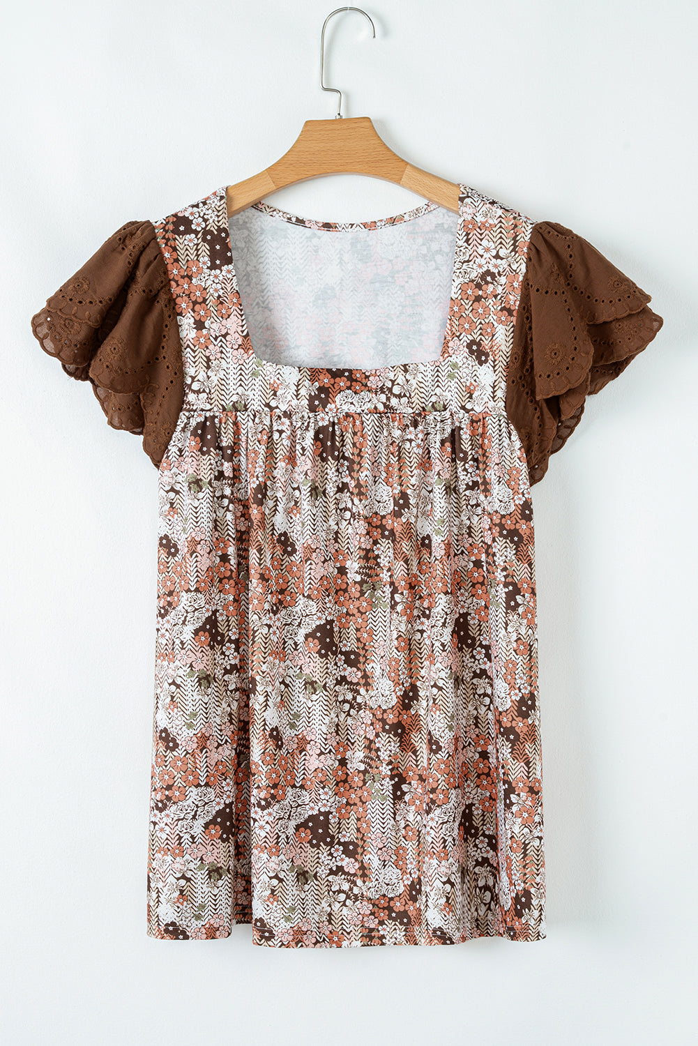 Khaki Floral Patchwork Flowy Sleeve Plus Size Blouse - The Fair Lady Shop