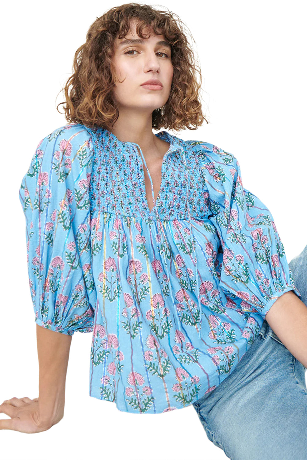 Sky Blue Floral Striped Smocked V Neck Blouse - The Fair Lady Shop