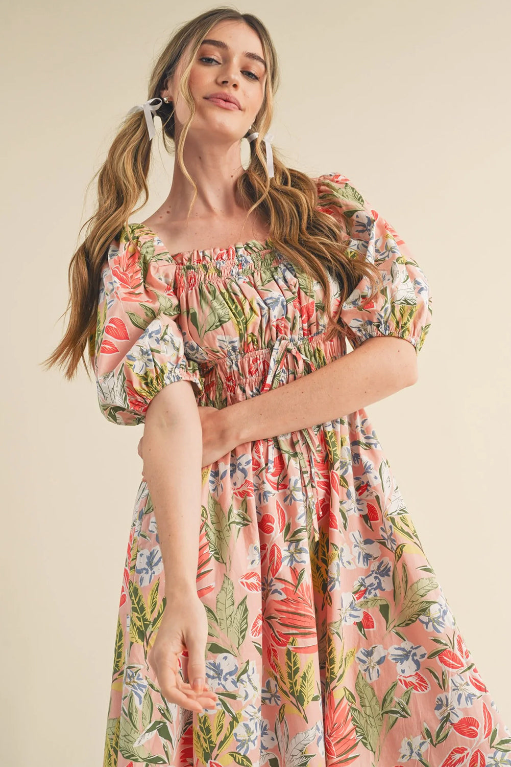 Apricot Pink Floral Knot Front Smocked Bubble Sleeve Dress - The Fair Lady Shop