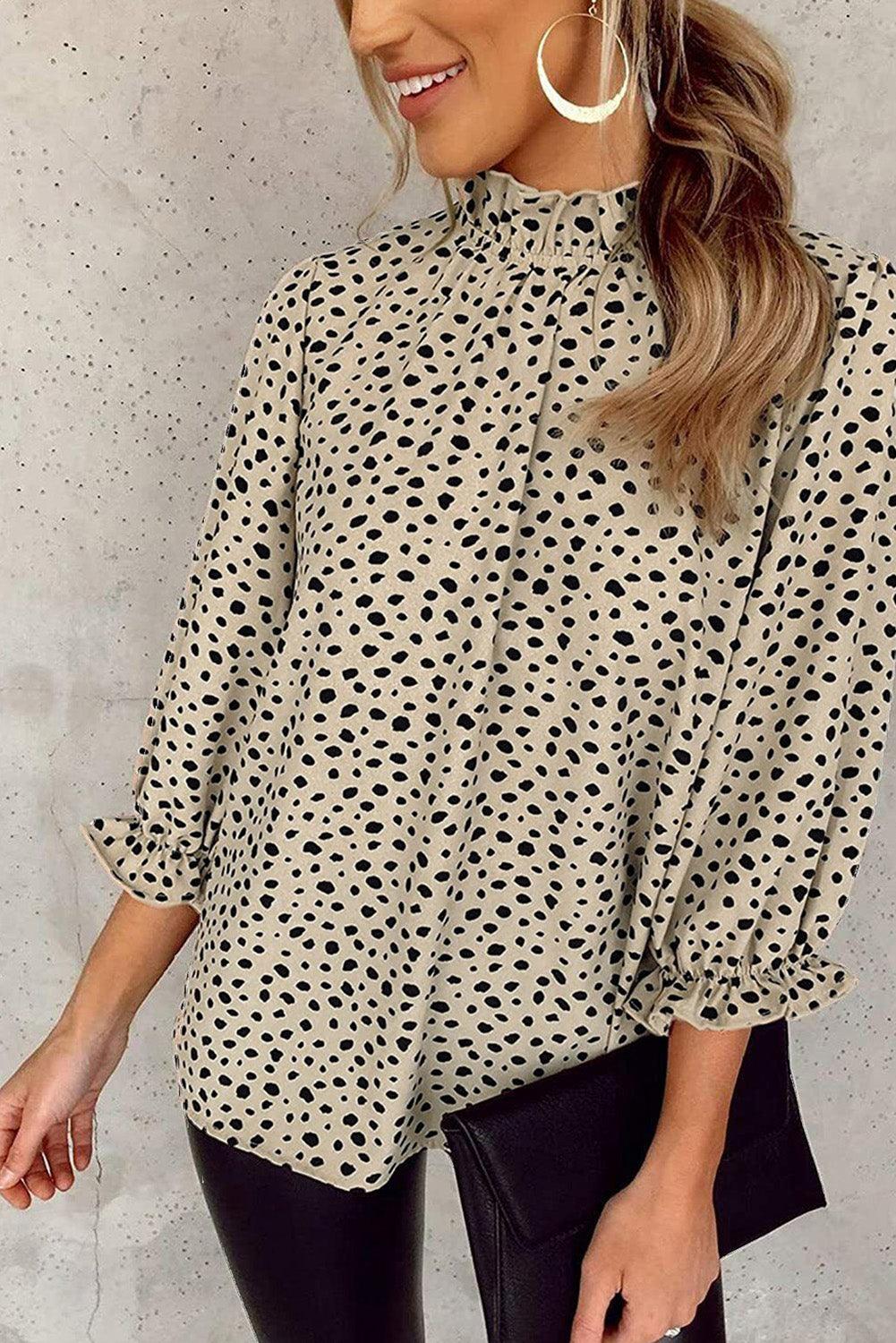 Brown Leopard Print Frill Neck 3/4 Sleeves Blouse - The Fair Lady Shop