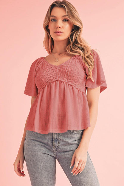 Tomato Red Shirred V Neck Short Flutter Sleeve Textured Blouse - The Fair Lady Shop