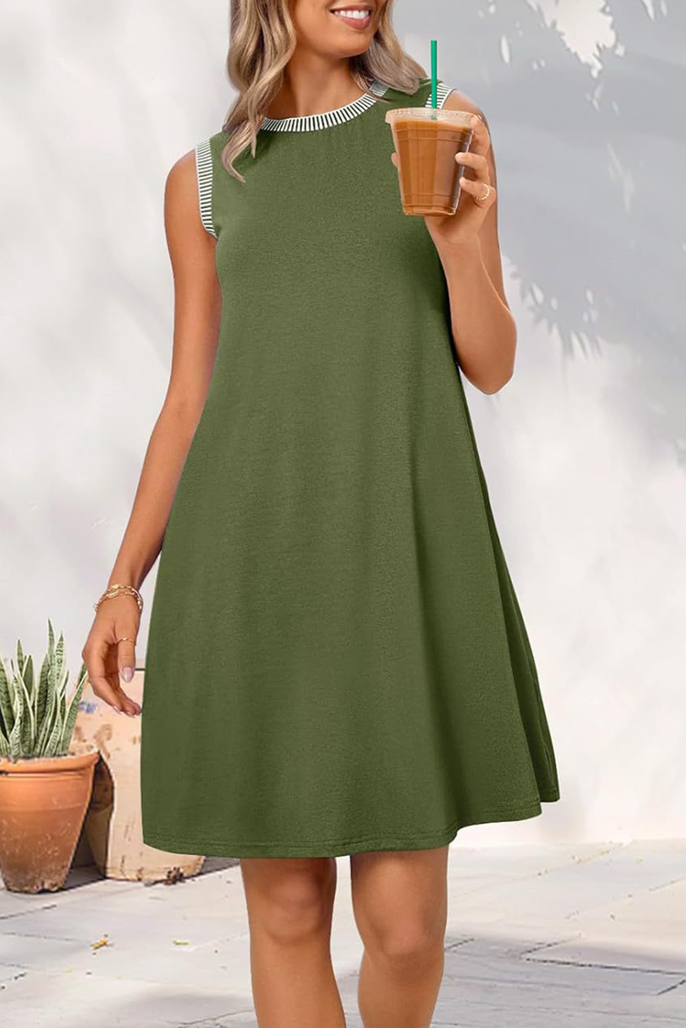Vineyard Green Contrast Trim Casual Sleeveless Mini Dress - The Fair Lady Shop