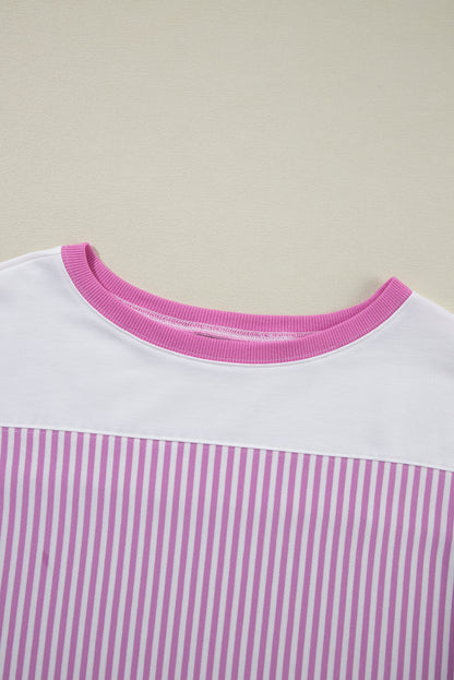 Pink Stripe Patchwork Bracelet Sleeve Plus Size T Shirt - The Fair Lady Shop