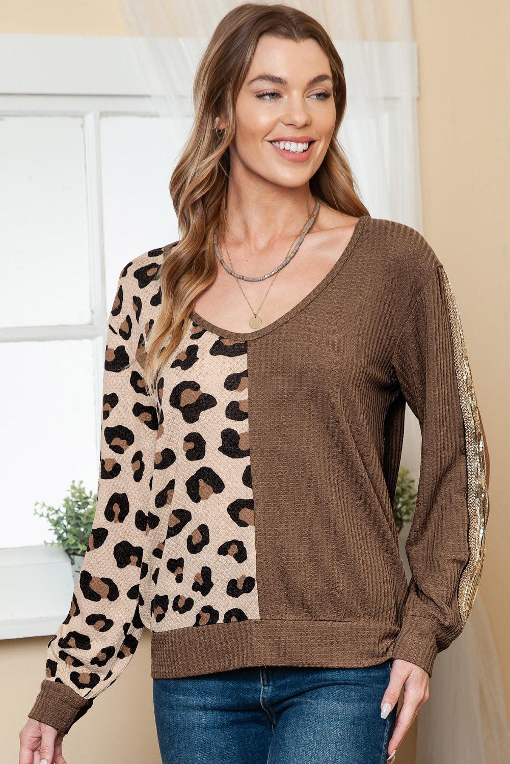 Brown Leopard Print Color Block Waffle Knit V Neck Long Sleeve Top - The Fair Lady Shop