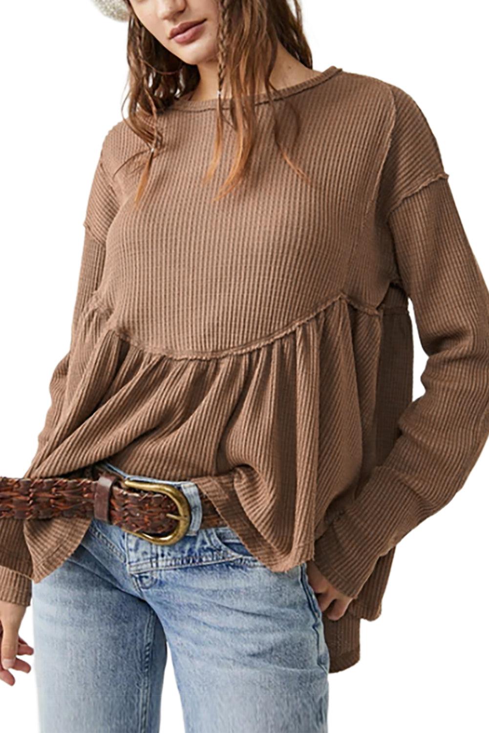 Brown Textured Exposed Seam Pullover Long Sleeve Top - The Fair Lady Shop