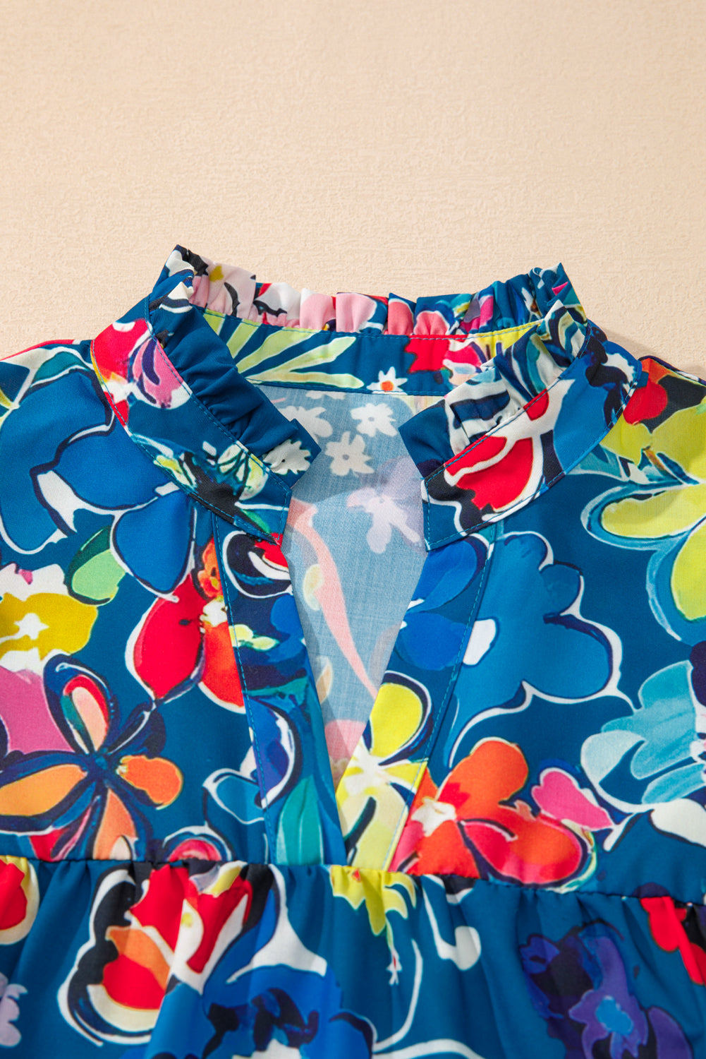 Blue Flower Print Notch V Neck Puff Sleeve Babydoll Blouse - The Fair Lady Shop