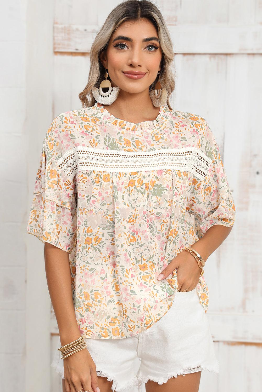 Multicolor Floral Print Wide Batwing Sleeves Blouse - The Fair Lady Shop