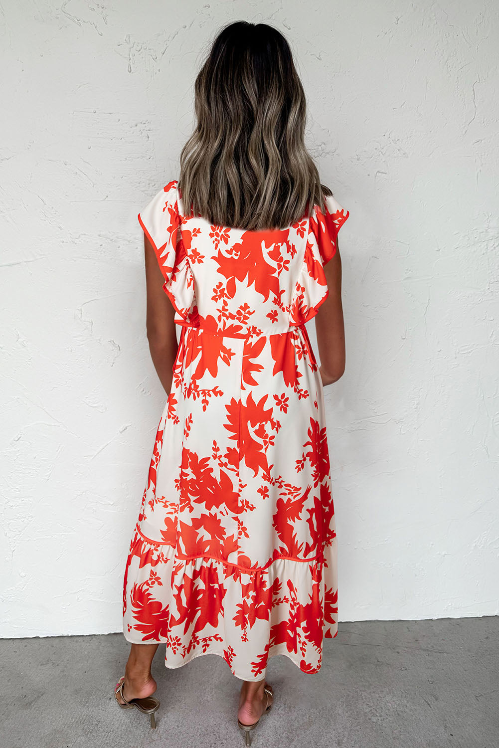 Red Floral Print Trimmed V Neck Ruffle Sleeve Maxi Dress - The Fair Lady Shop