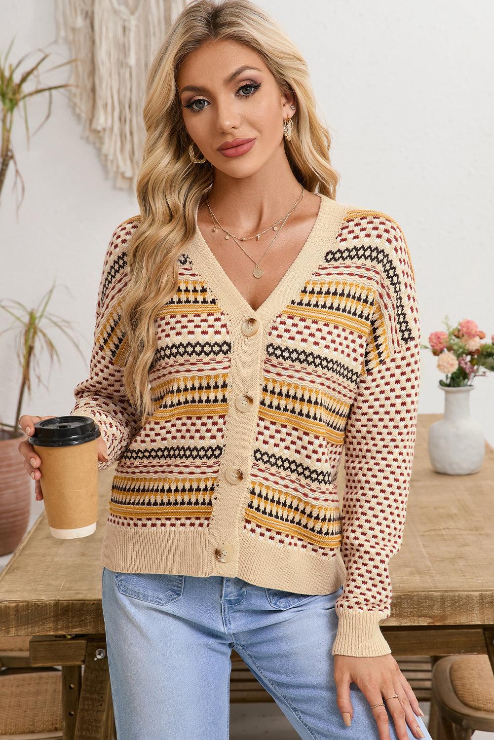 Khaki Geometric Pattern Button Front V Neck Cropped Cardigan - The Fair Lady Shop