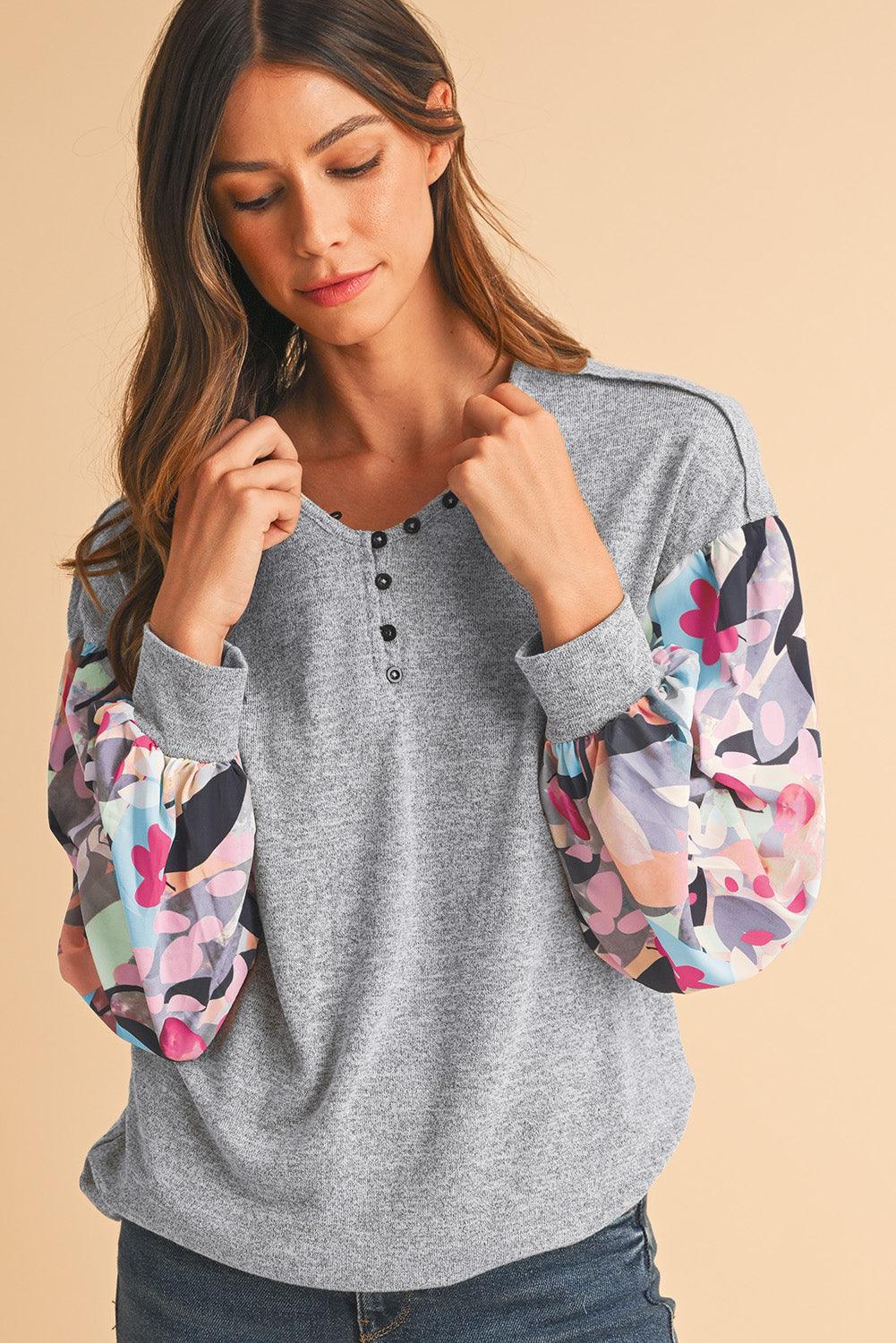 Gray Floral Splicing Lantern Sleeve Buttoned V Neck Top - The Fair Lady Shop