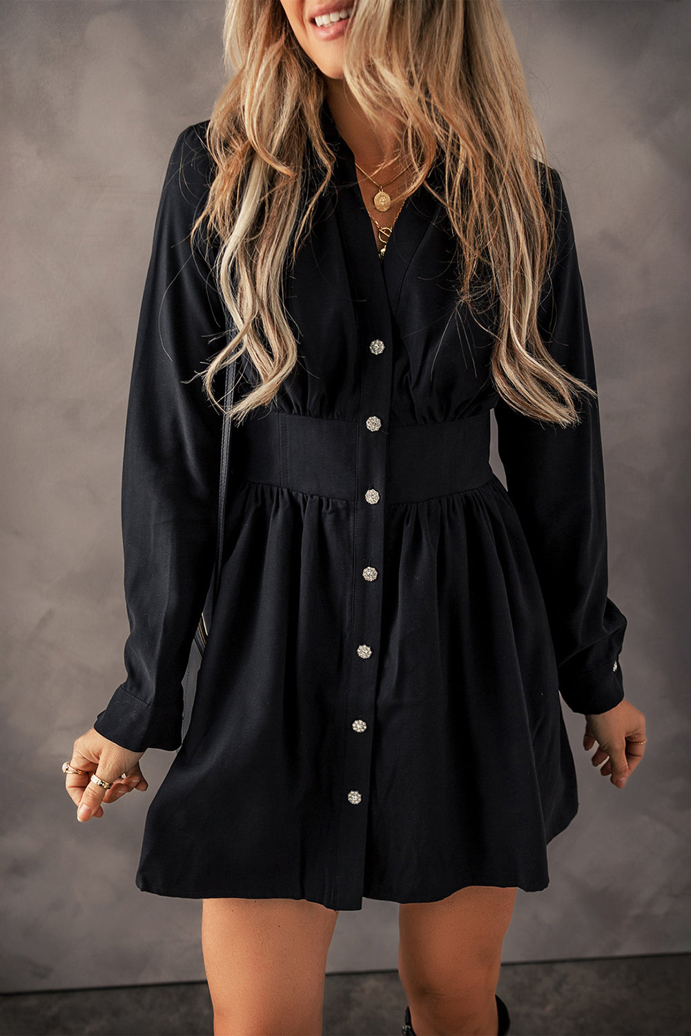 Black Buttoned High Waist Long Sleeve Mini Dress - The Fair Lady Shop