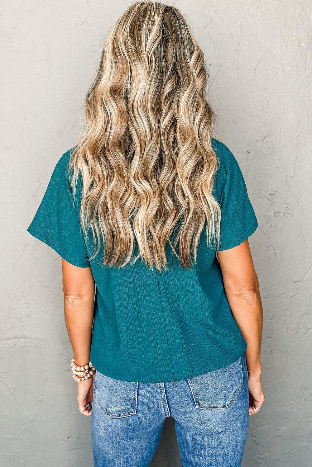 Blue Plain Crinkled V Neck Flounce Sleeve T Shirt - The Fair Lady Shop