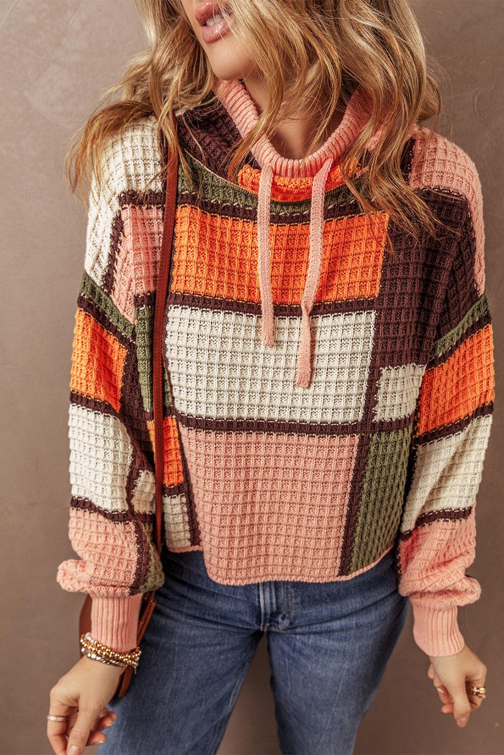 Orange Color Block Waffle Knit Drawstring Mock Neck Sweater - The Fair Lady Shop