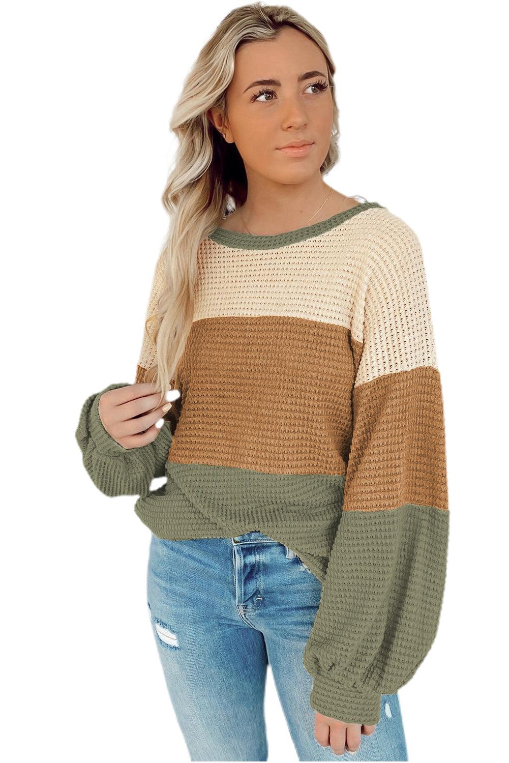 Green Waffle Knit Color Block Drop Sleeve Loose Top - The Fair Lady Shop