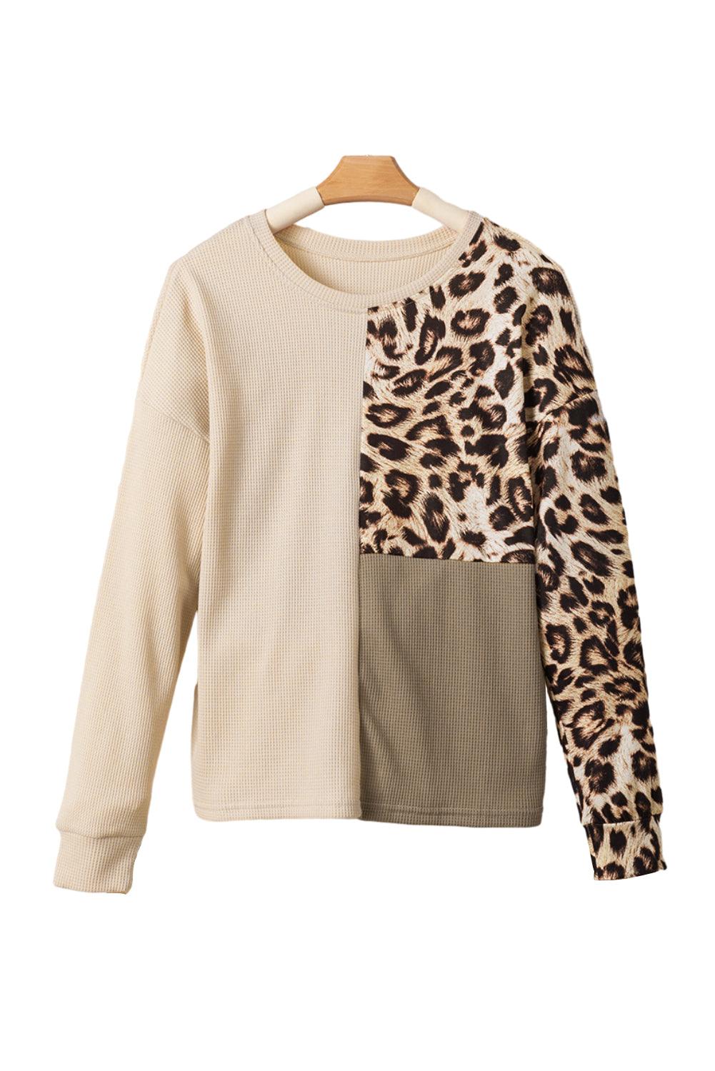 Bonbon Casual Waffle Knit Leopard Contrast Long Sleeve Top - The Fair Lady Shop