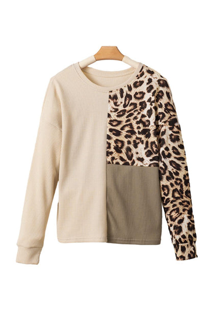 Bonbon Casual Waffle Knit Leopard Contrast Long Sleeve Top - The Fair Lady Shop