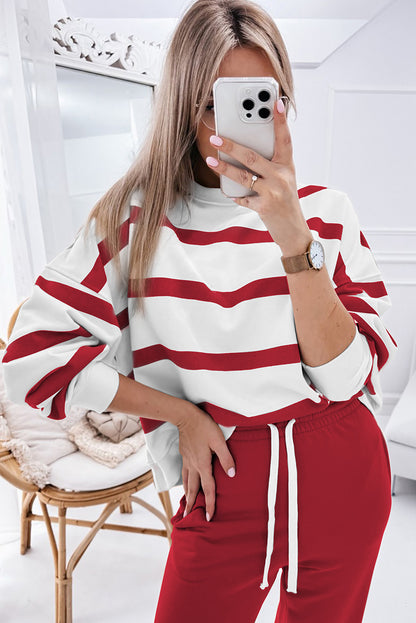 Red Striped Drop Shoulder Pullover and Joggers Set - The Fair Lady Shop