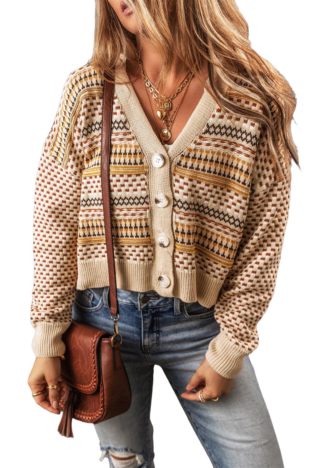 Khaki Geometric Pattern Button Front V Neck Cropped Cardigan - The Fair Lady Shop