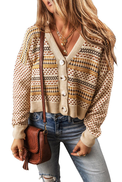 Khaki Geometric Pattern Button Front V Neck Cropped Cardigan - The Fair Lady Shop