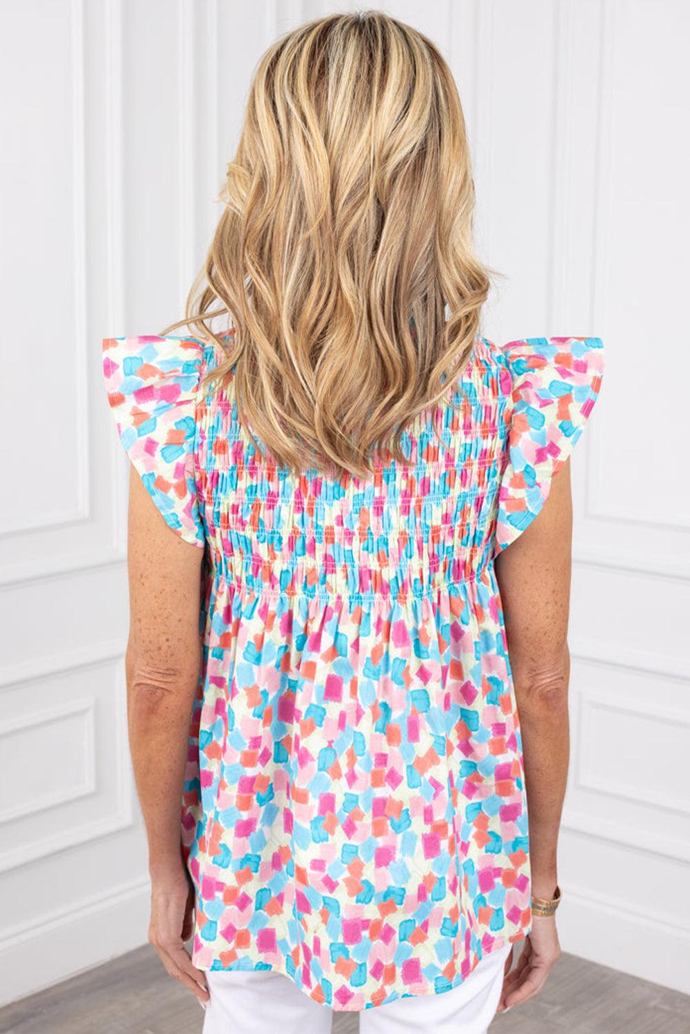 Pink Shirred Yoke Ruffle Abstract Blouse - The Fair Lady Shop