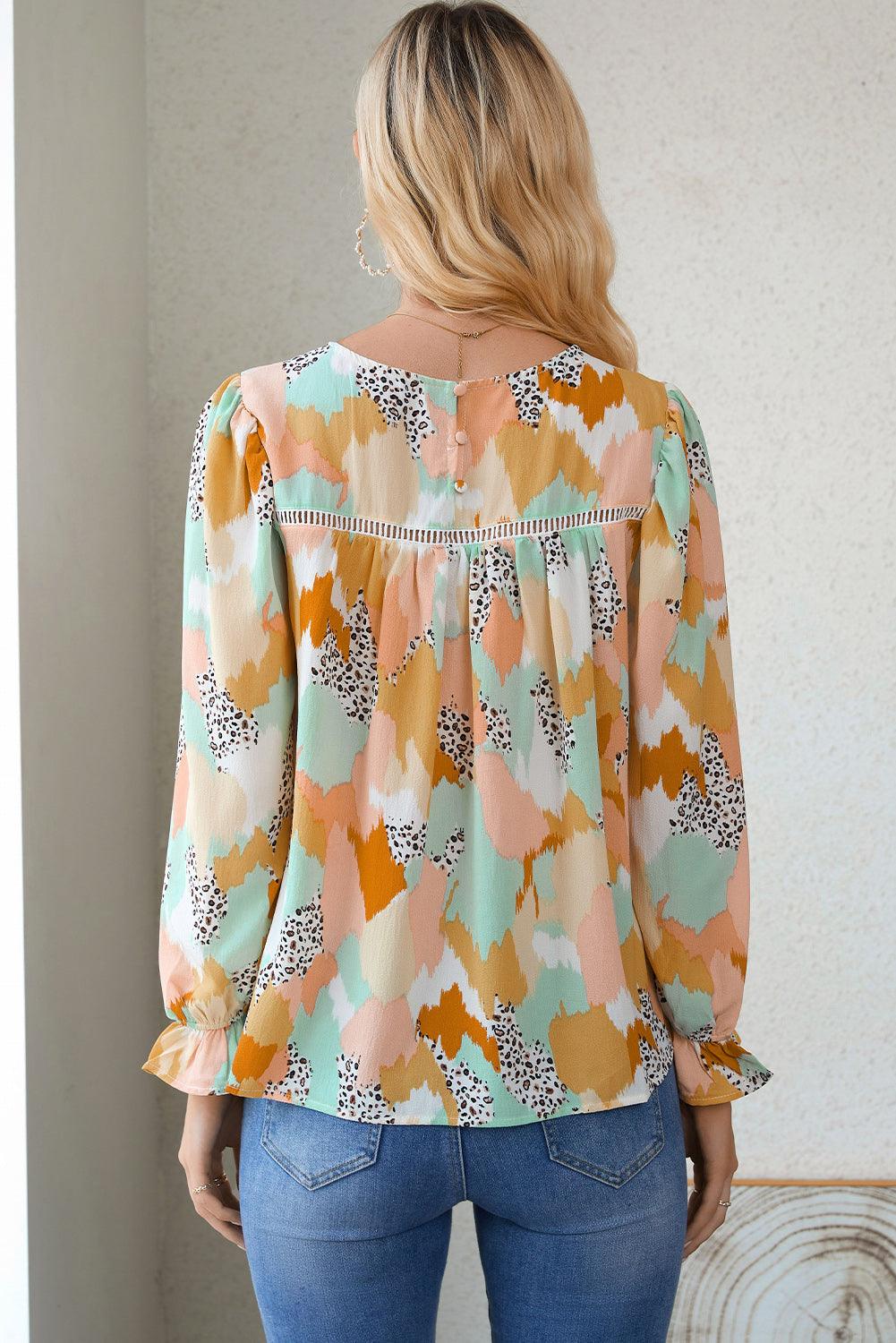 Multicolor Abstract Print Boho Ruffle Puff Sleeve Blouse - The Fair Lady Shop