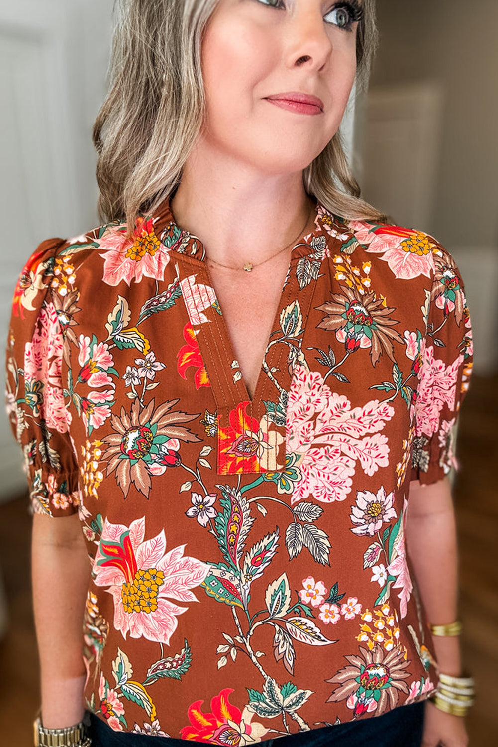 Brown Floral Frill Trim Plus Size Puff Sleeve Blouse - The Fair Lady Shop