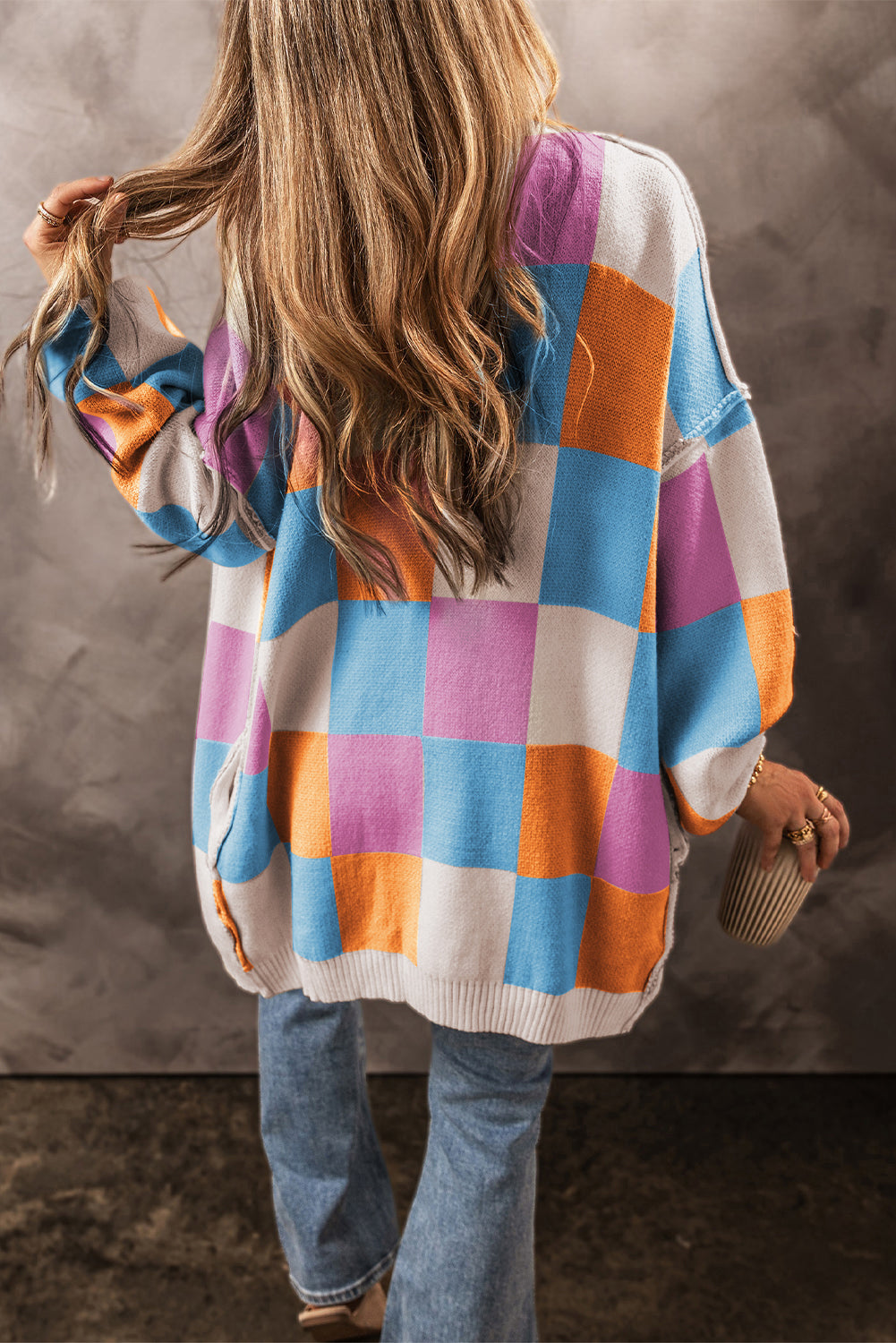 Orange Checkered Drop Shoulder Exposed Seam Open Front Cardigan - The Fair Lady Shop