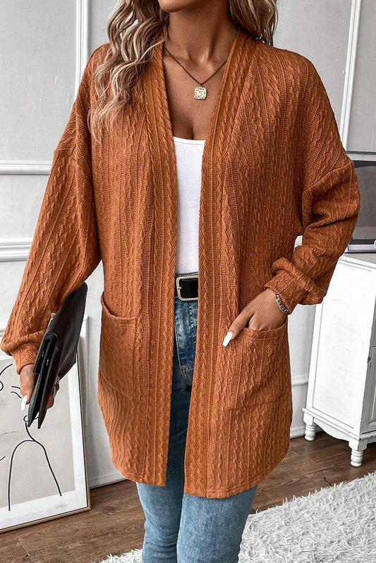 Chestnut Textured Knit Side Pockets Open Front Cardigan - The Fair Lady Shop