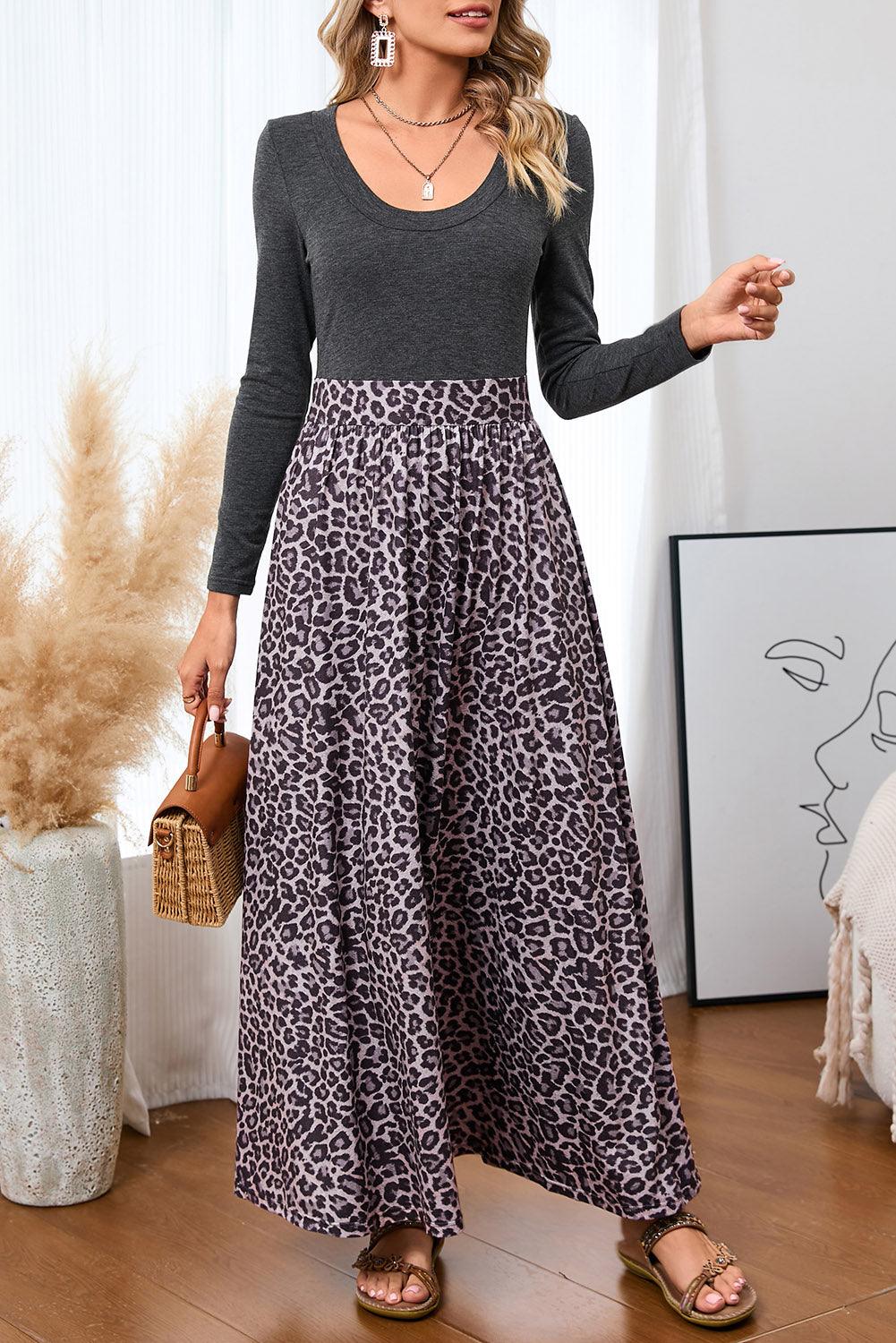 Black and Leopard Print Long Sleeve Boho Maxi Dress - The Fair Lady Shop