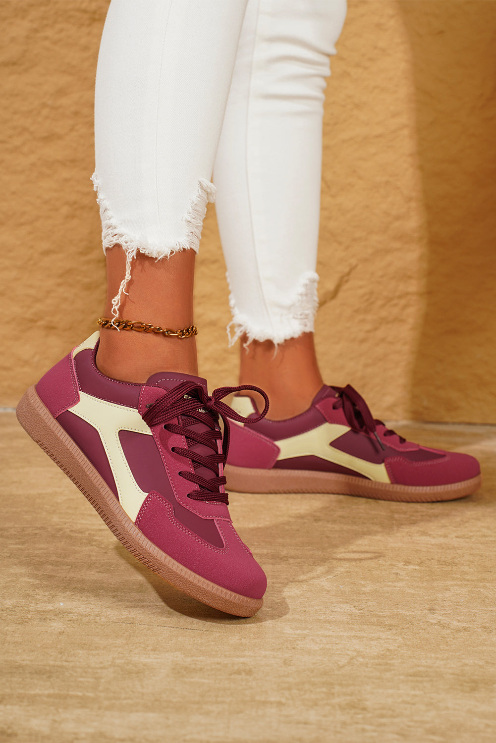 Fiery Red PU Leather Stitched Colorblock Casual Lace-Up Sneakers