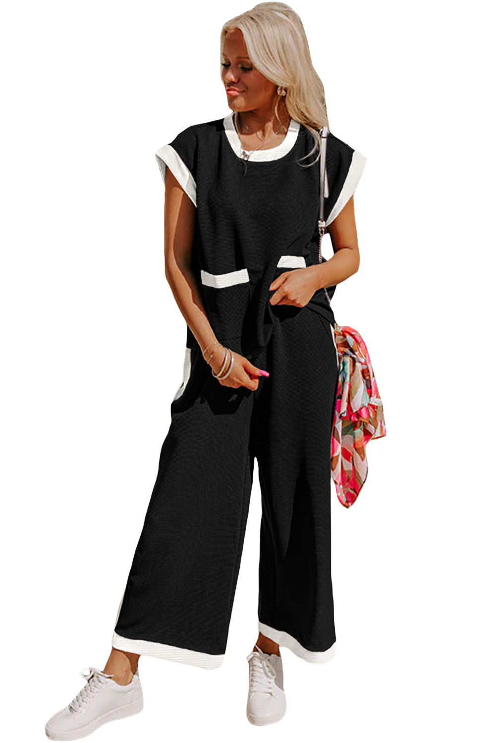 Black Contrast Trim Pocket T Shirt and Wide Leg Pants Set - The Fair Lady Shop