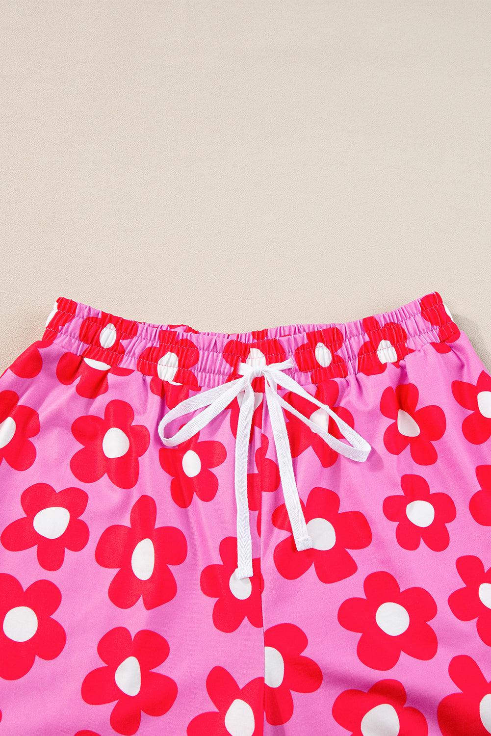 Green Flower Print Buttoned Shirt and Drawstring Waist Pajama Set - The Fair Lady Shop