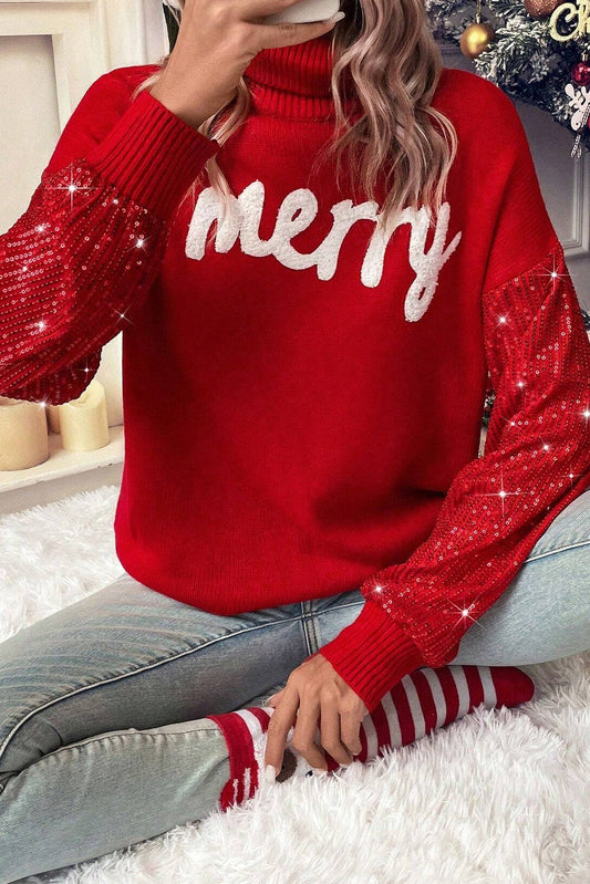 Racing Red Merry Graphic Sequin Sleeves Christmas Sweater - The Fair Lady Shop