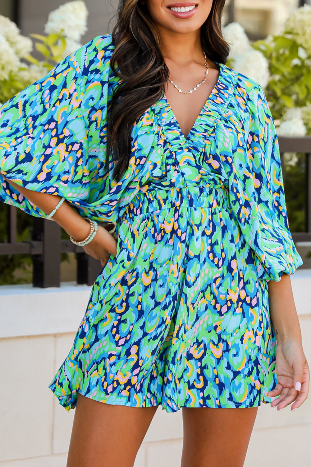 Green Abstract Print Batwing Sleeve V Neck High Waist Romper - The Fair Lady Shop