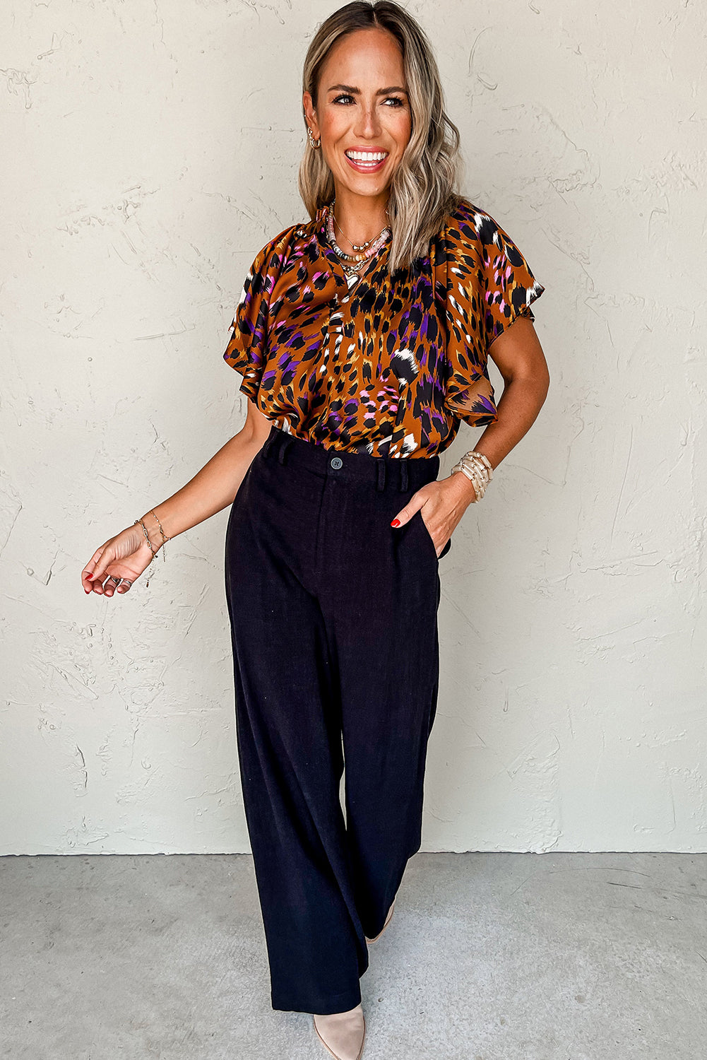 Orange Leopard Printed Short Sleeve Slit V Neck Blouse - The Fair Lady Shop