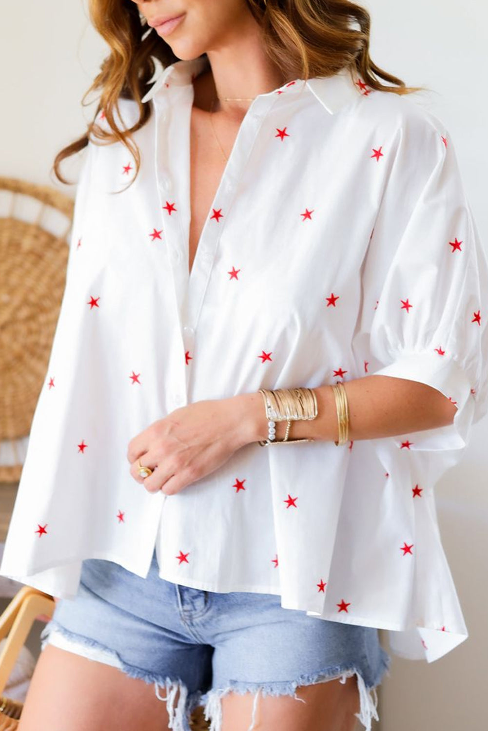 White Stars Half Puff Sleeve Loose Shirt - The Fair Lady Shop