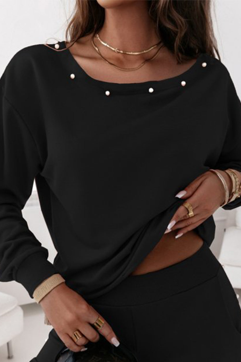 Black Beaded Decor Pullover And Jogger Pants Set - The Fair Lady Shop