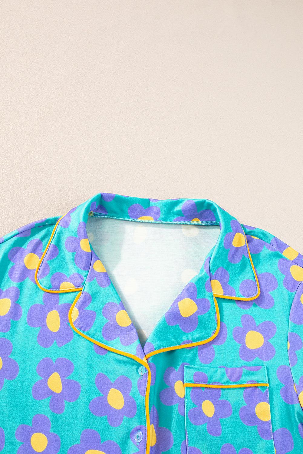 Green Flower Print Buttoned Shirt and Drawstring Waist Pajama Set - The Fair Lady Shop