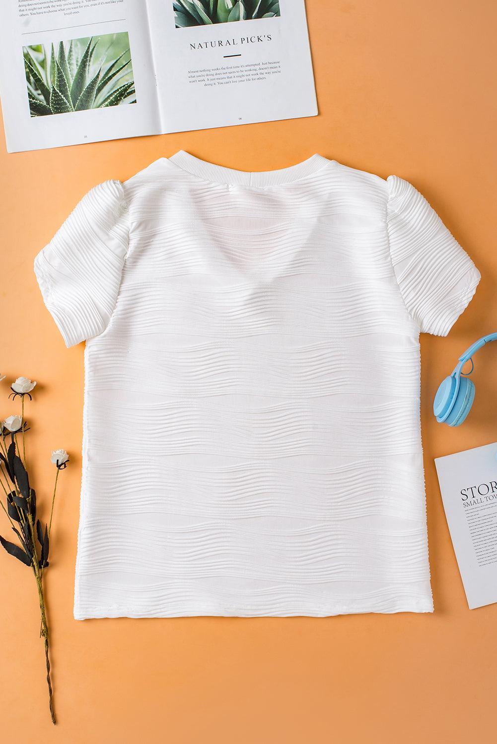 White Textured V-Neck Short Tulip Sleeve T Shirt - The Fair Lady Shop