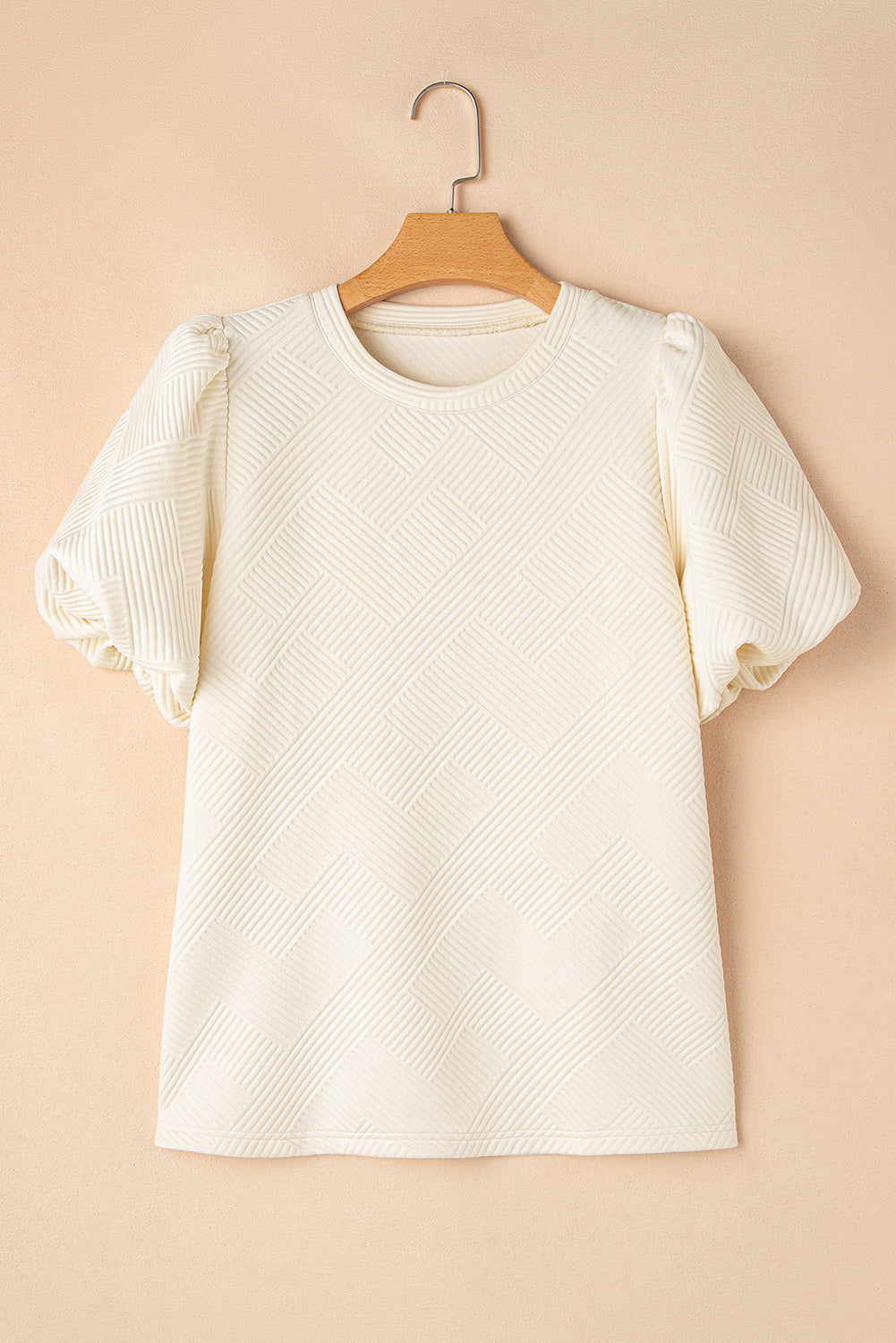 Oatmeal Solid Color Textured Puff Sleeve T-shirt - The Fair Lady Shop