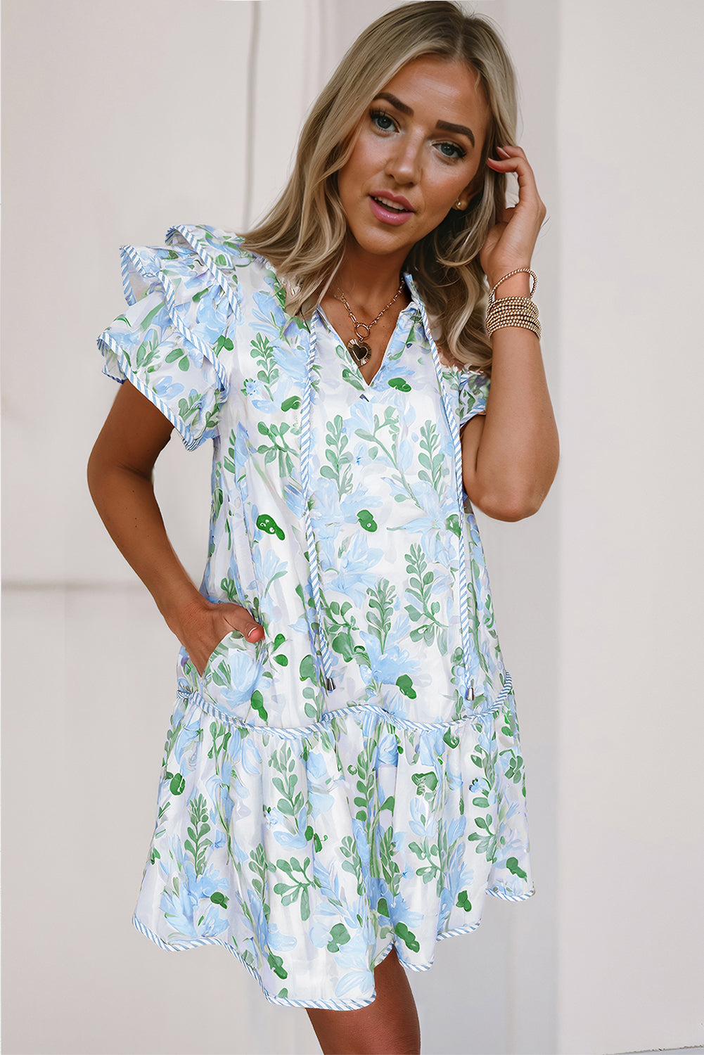 Sky Blue Floral Contrast Edge Ruffle Sleeve Tie Neck Mini Dress - The Fair Lady Shop