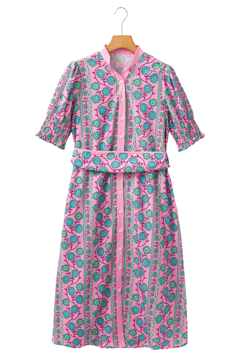 Pink Boho Floral Shirred Short Sleeve Belted Dress - The Fair Lady Shop