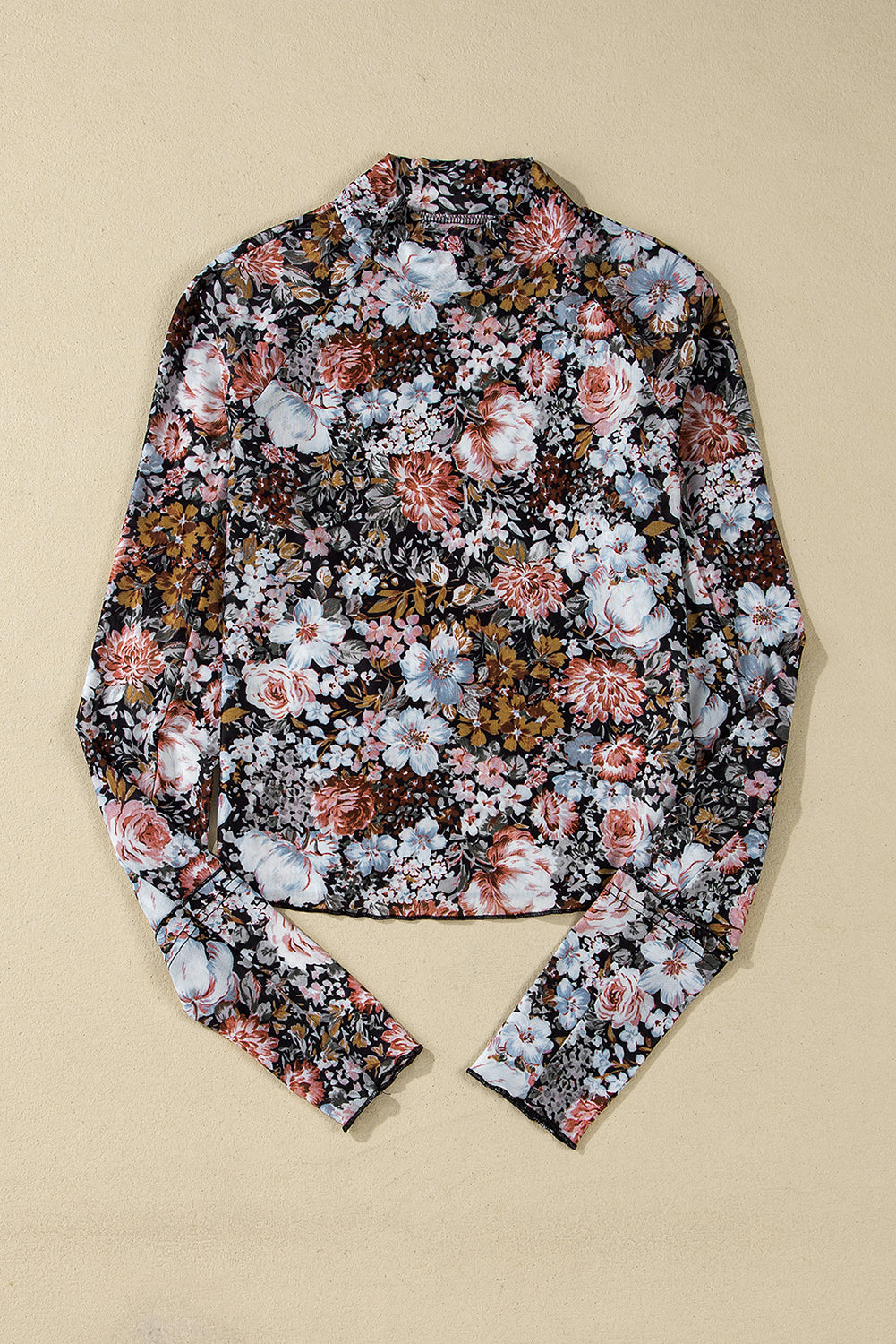 Brown Floral Print Mesh Mock Neck Slim Top - The Fair Lady Shop