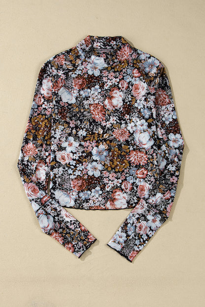 Brown Floral Print Mesh Mock Neck Slim Top - The Fair Lady Shop