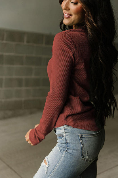 Brown Solid Color Waffle Knit Long Sleeve Henley Shirt - The Fair Lady Shop