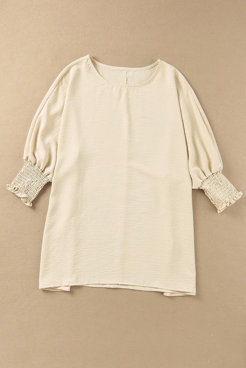 White Plain & Casual Shirred Cuffs Half Sleeve Top - The Fair Lady Shop