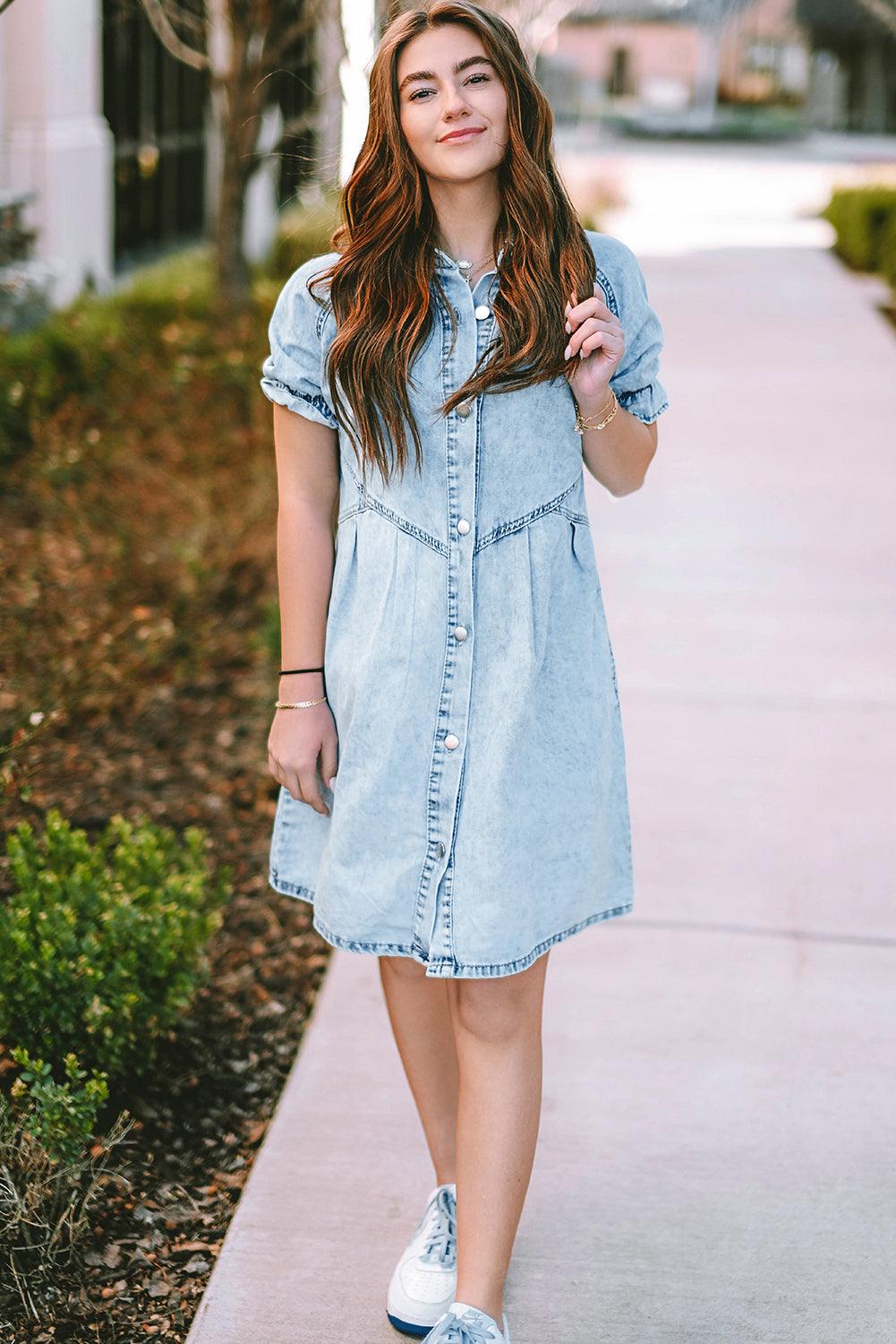 Blue Mineral Washed Ruffled Short Sleeve Pocketed Denim Dress - The Fair Lady Shop