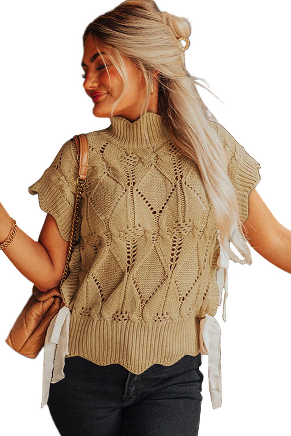 Light French Beige Hollowed Knit Scalloped Trim High Neck Sweater - The Fair Lady Shop